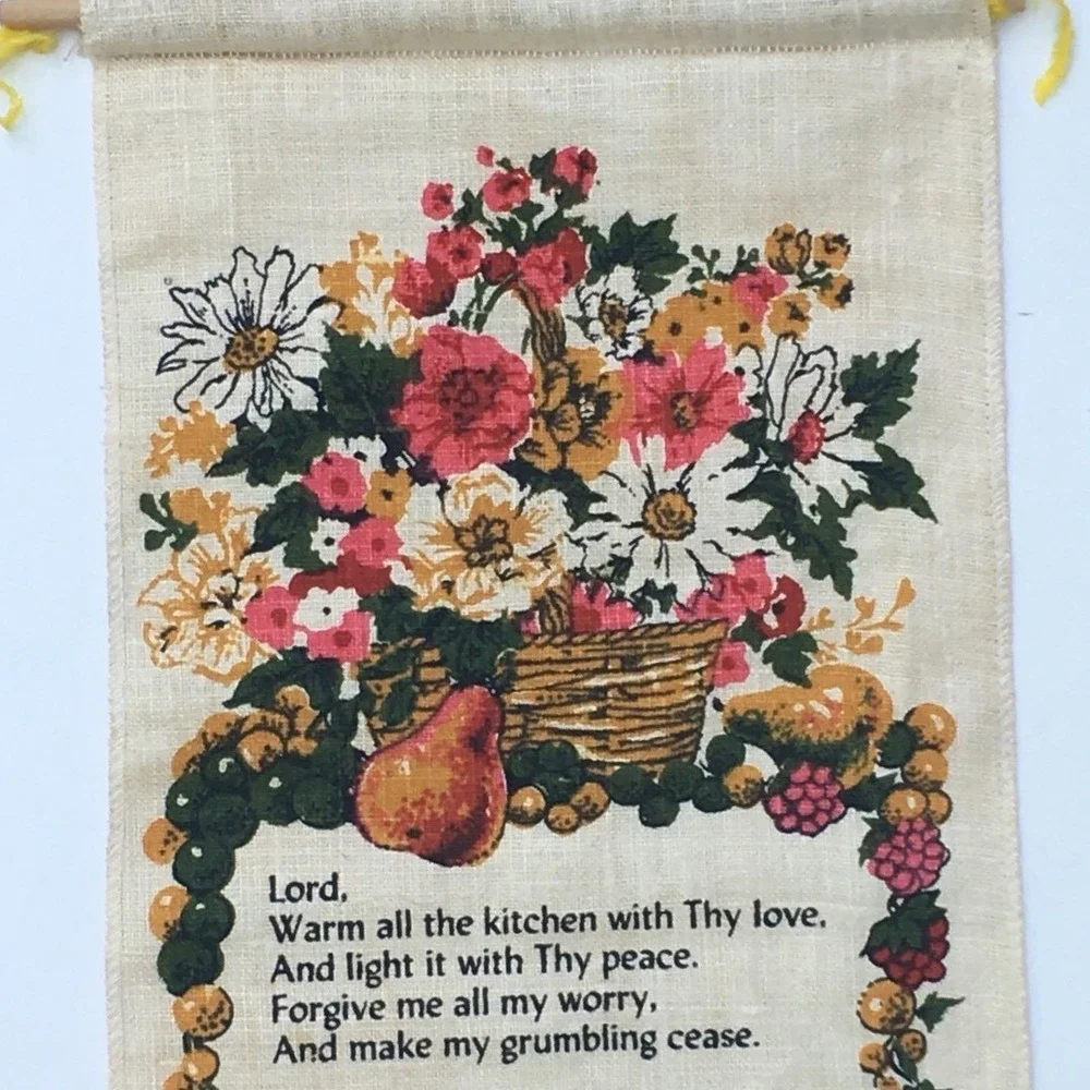 Vintage 1979 Linen Wall Calendar Floral Kitchen Prayer Hanging Tea Towel Retro